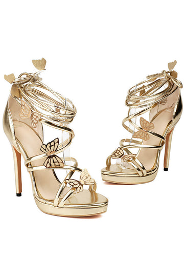 Kvinders gyldne metalliske stropper Stilletos hæle sandaler sko med sommerfugl